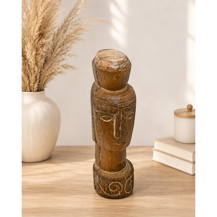 Handcrafted teak wood tribal head sculpture, front view