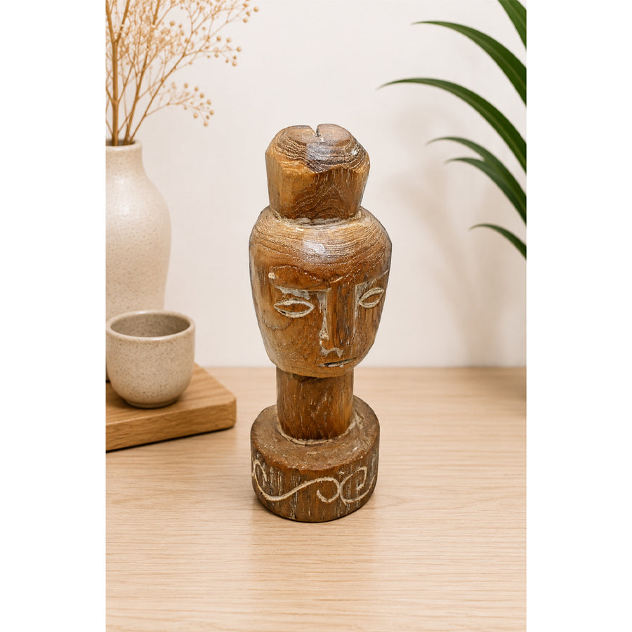 Hand-painted tribal wooden king bust figurine with carved facial details and rustic folk-art finish, product view 1