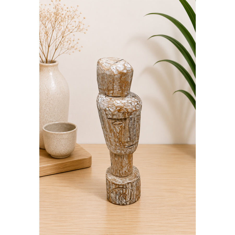 Limewashed natural wooden tribal statue with rustic carved facial details, product view 1