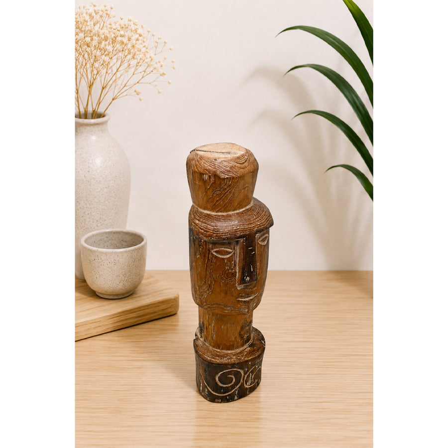 Natural teak tribal wooden face statue, front view