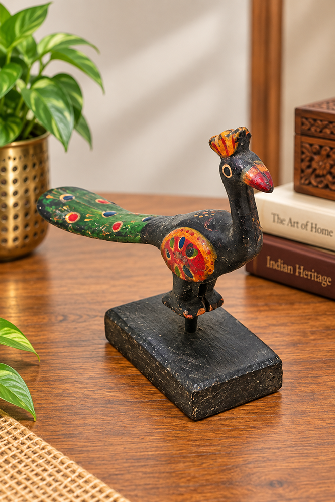 Carved wooden floral medallion with antique red finish on stand, front view