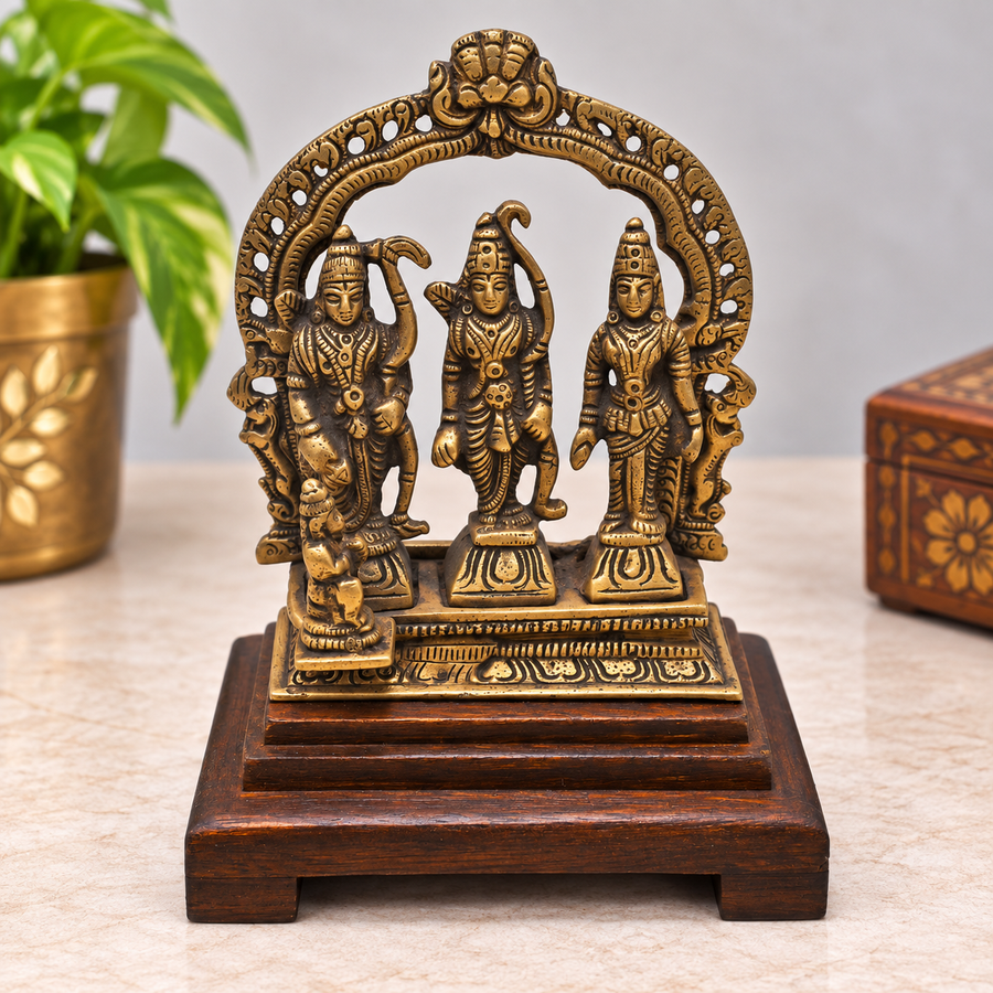 Handcrafted brass Ram Darbar statue with Rama Sita Lakshman Hanuman, front view