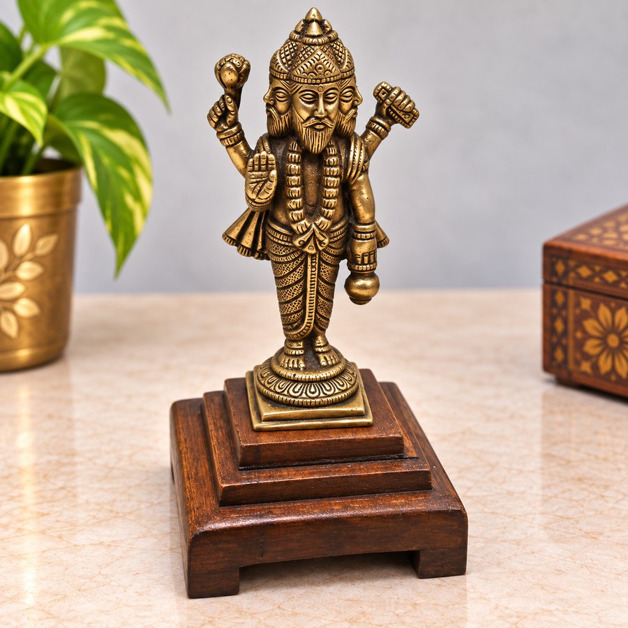 Handcrafted brass four-faced Lord Brahma statue on wooden base, front view