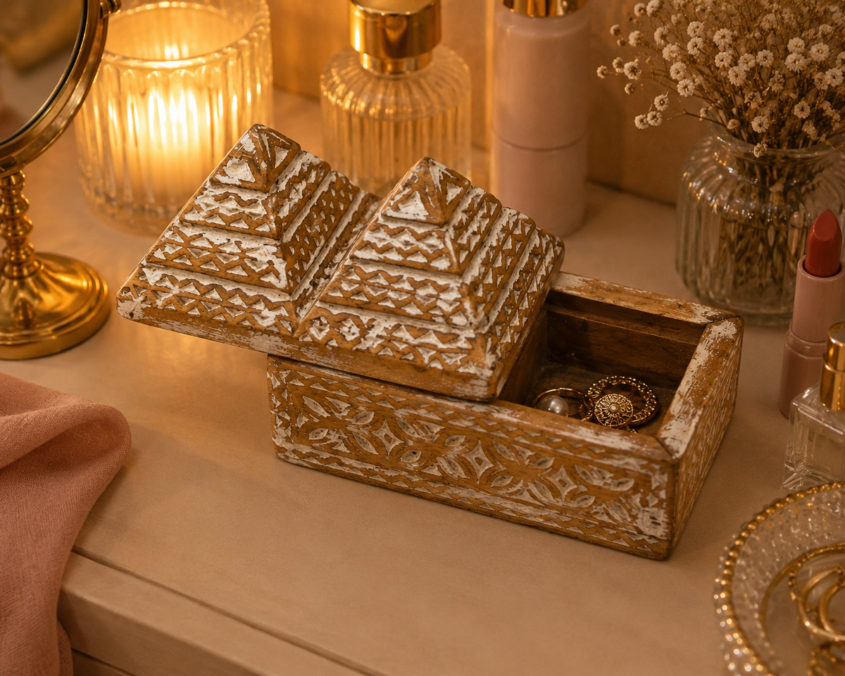 Handcrafted Wooden Jewelry Box Carved Indian Tribal Style Trinket Box - 2026080301NWC