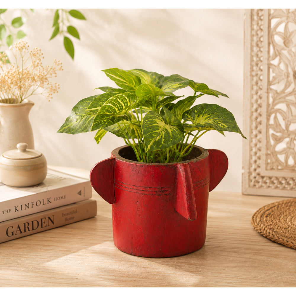 Handcrafted Wooden Planter – Dark Red Antique Finish Decorative Plant Pot - 2026081001DRA