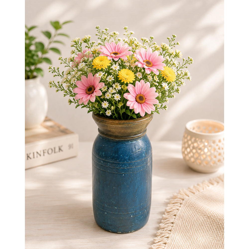 Handcrafted Wooden Flower Pot – Dark blue Finish Decorative Planter - 2026081002DBA