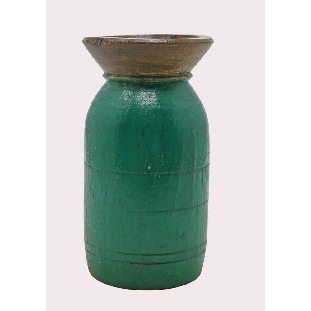 Handcrafted wooden flower pot in dark green finish, angled view
