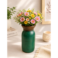 Handcrafted Wooden Flower Pot – Dark Green Finish Decorative Planter - 2026081002DGA