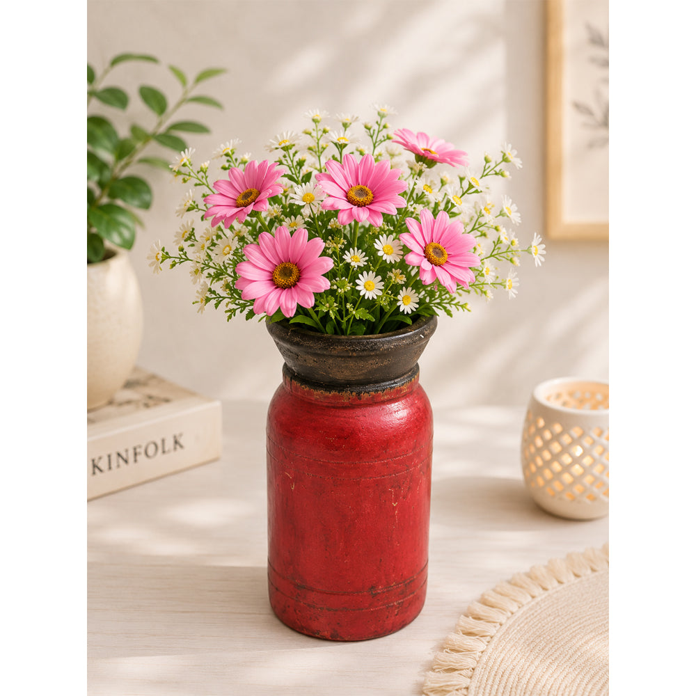 Handcrafted Wooden Flower Pot – Dark Red Antique Finish Decorative Planter - 2026081002DRA
