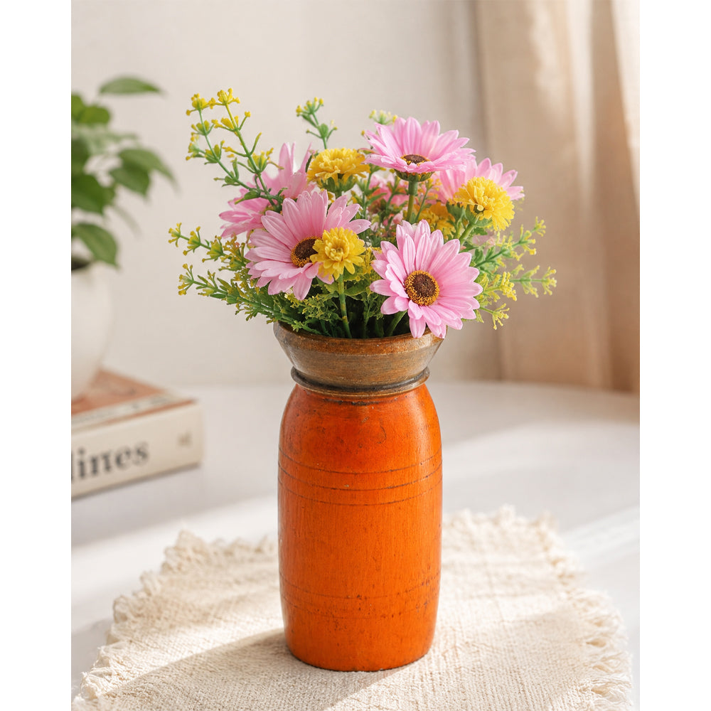 Handcrafted Wooden Flower Pot – Orange Finish Decorative Planter - 2026081002OAF