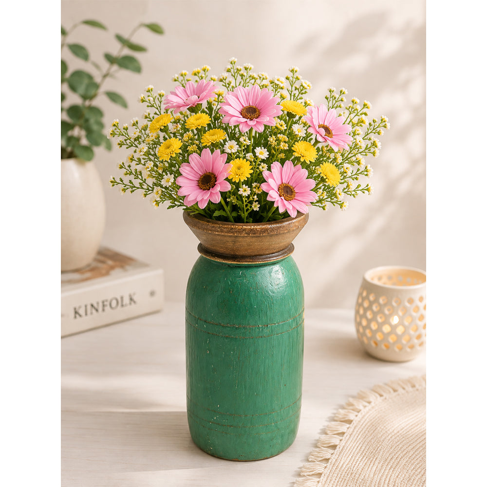 Handcrafted wooden flower pot with Turkish antique finish, front view