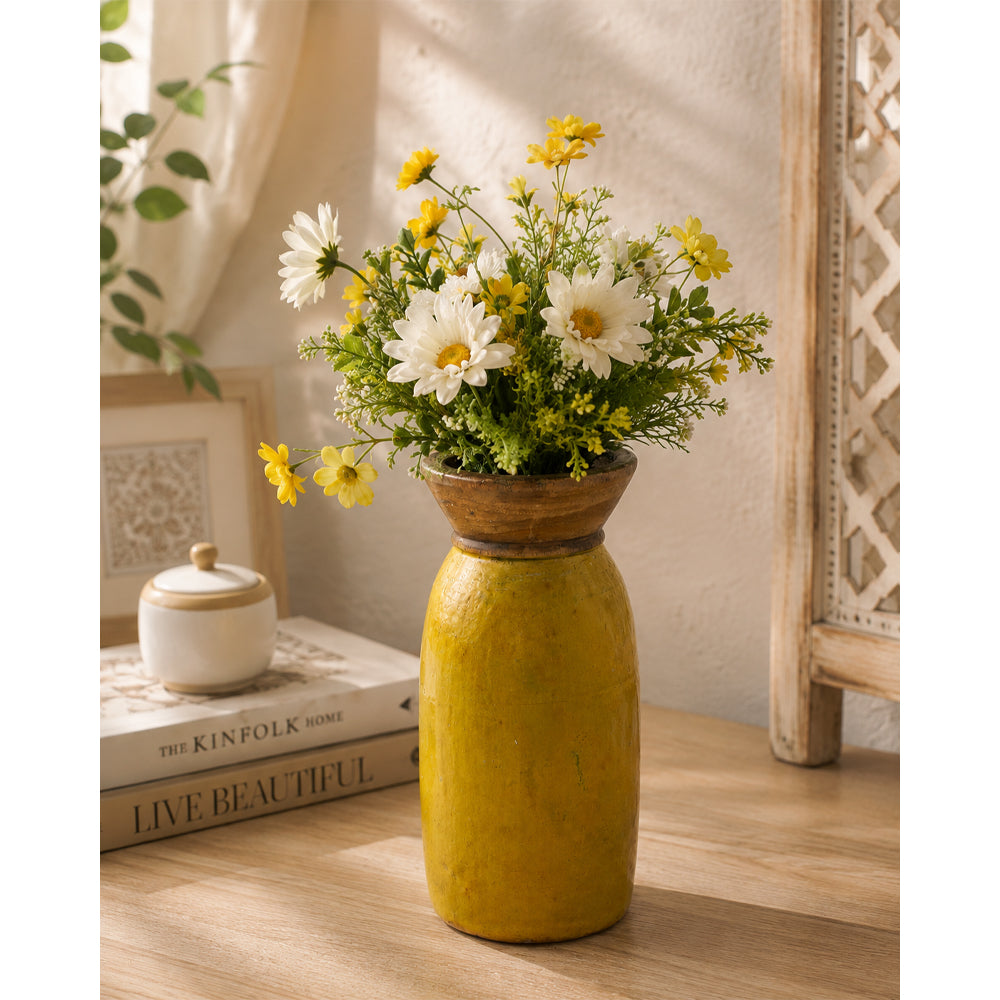 Handcrafted Wooden Flower Pot – Yellow Finish Decorative Planter - 2026081002YAF