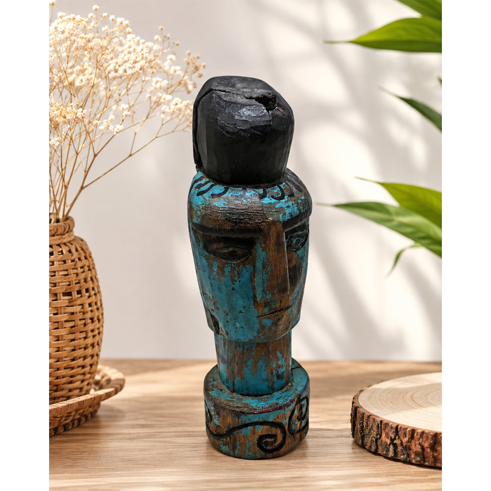 Hand-Carved Turquoise Painted Wooden Face Sculpture - 2026081222UNQ