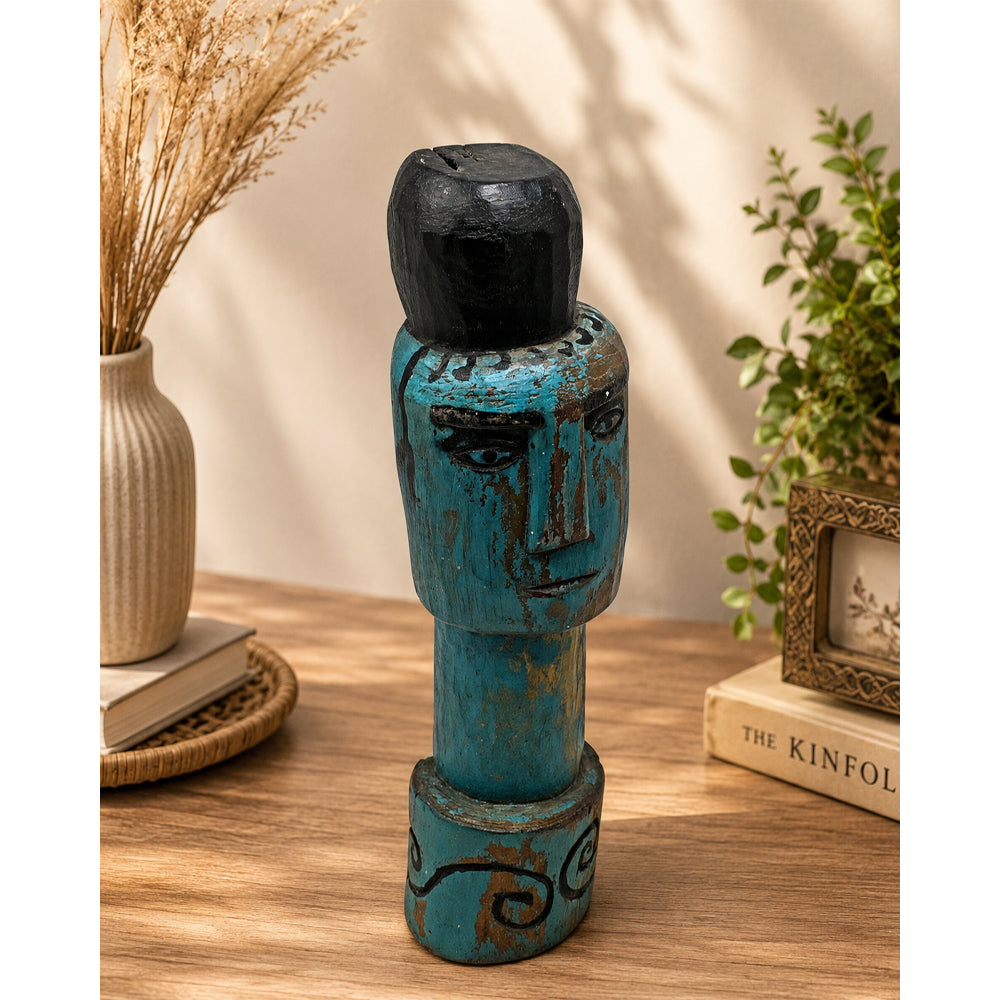 Hand-Carved Turquoise Painted Wooden Face Sculpture - 2026081224UNQ
