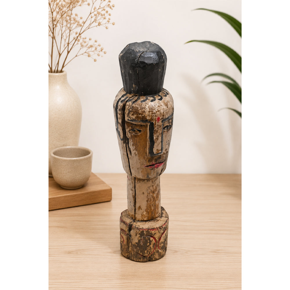 Hand-Carved Rustic Whitewashed Wooden Face Sculpture - 2026081229UNQ