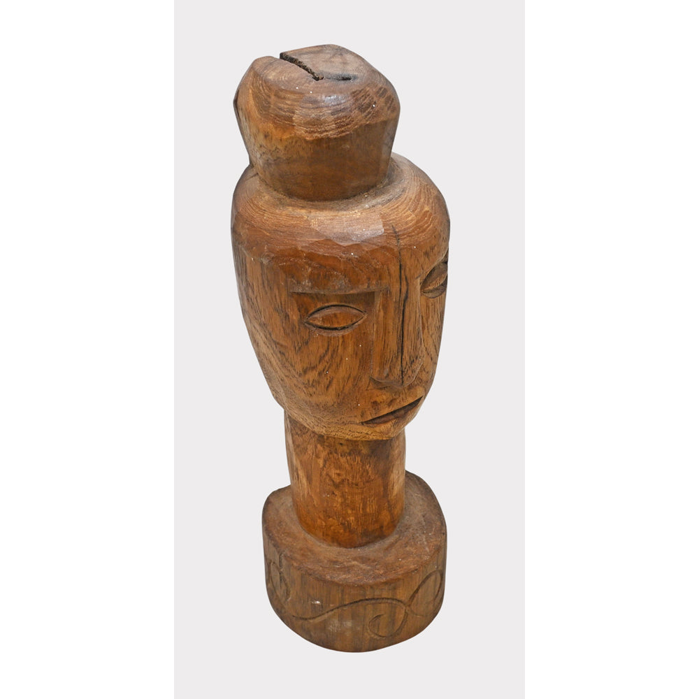 Teak-toned handcrafted tribal wooden king bust figurine with carved facial details, product view 2