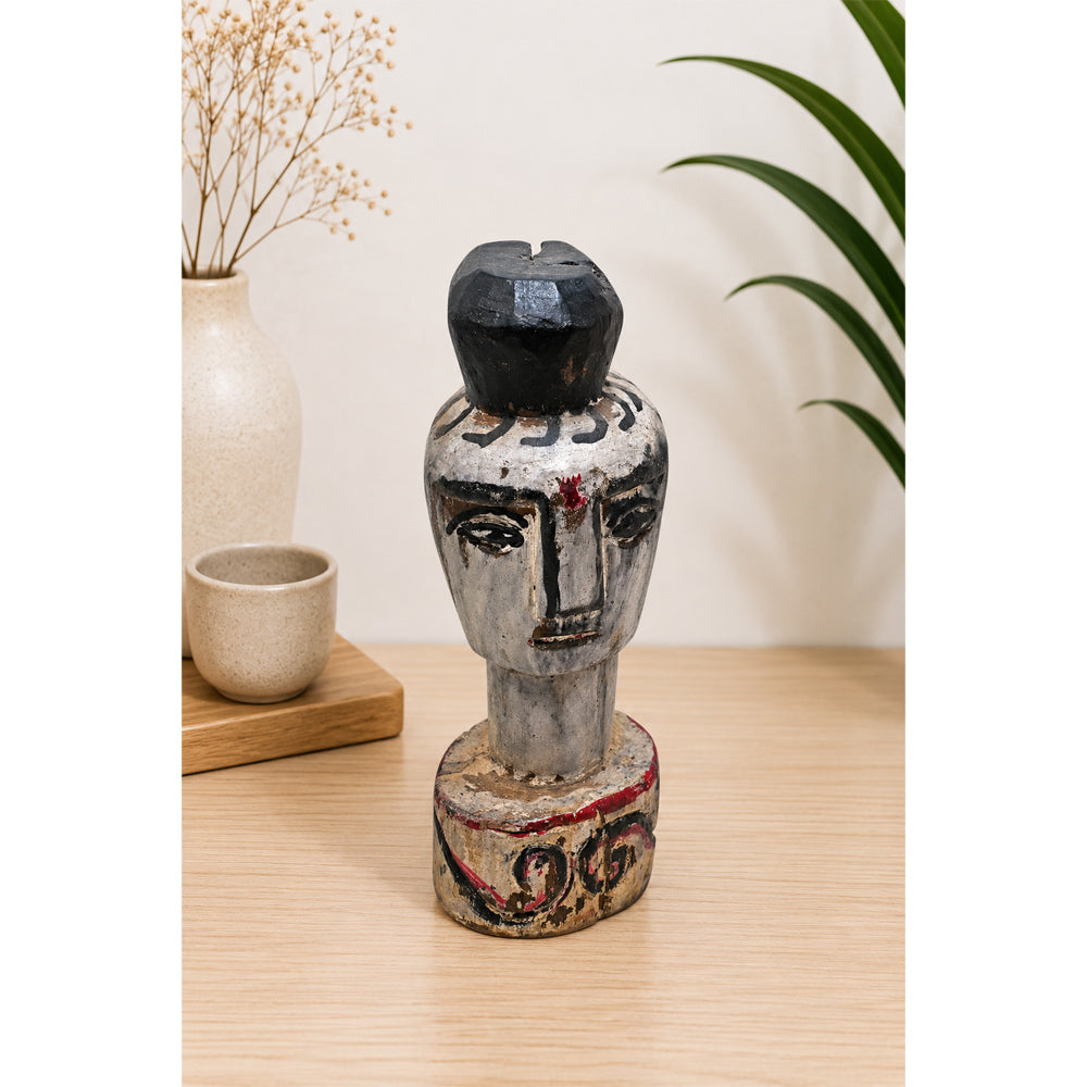 Hand-Carved Whitewashed Wooden Face Sculpture - 2026081232UNQ