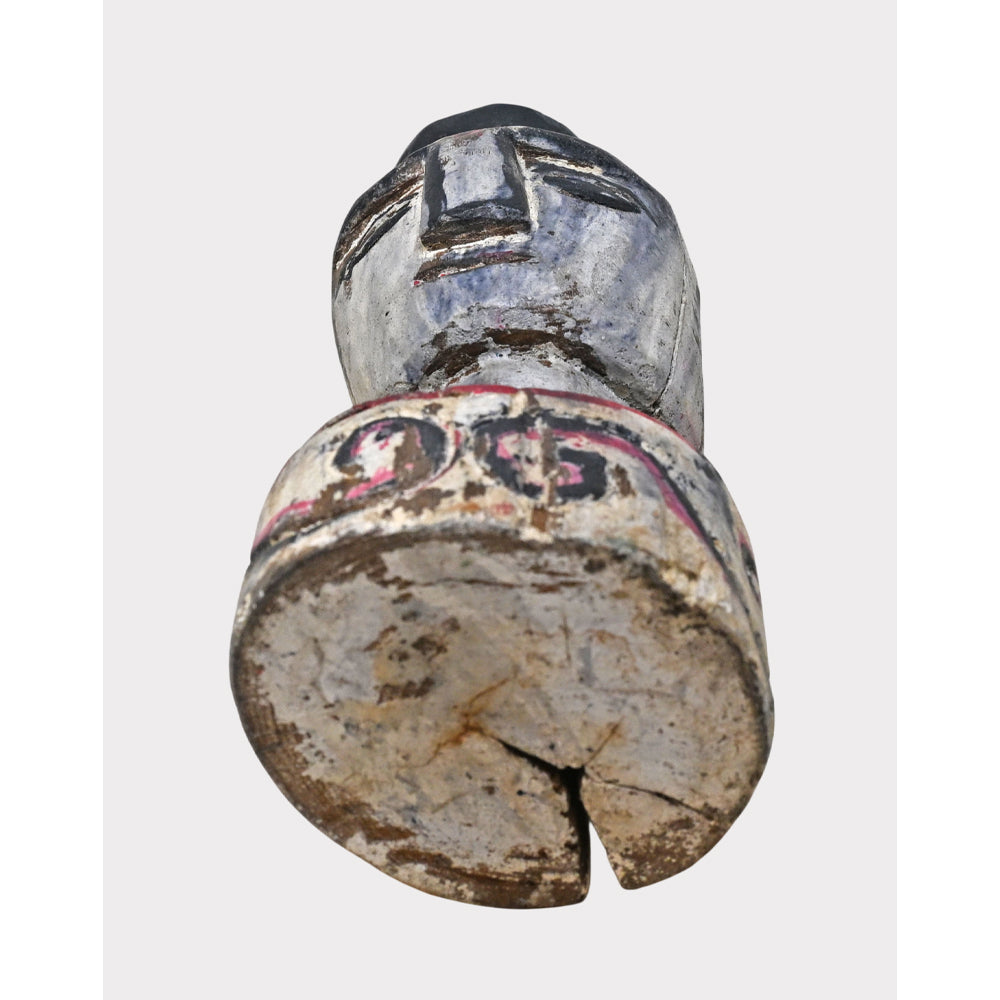 Whitewashed tribal wooden face sculpture with contrasting painted details, product view 4
