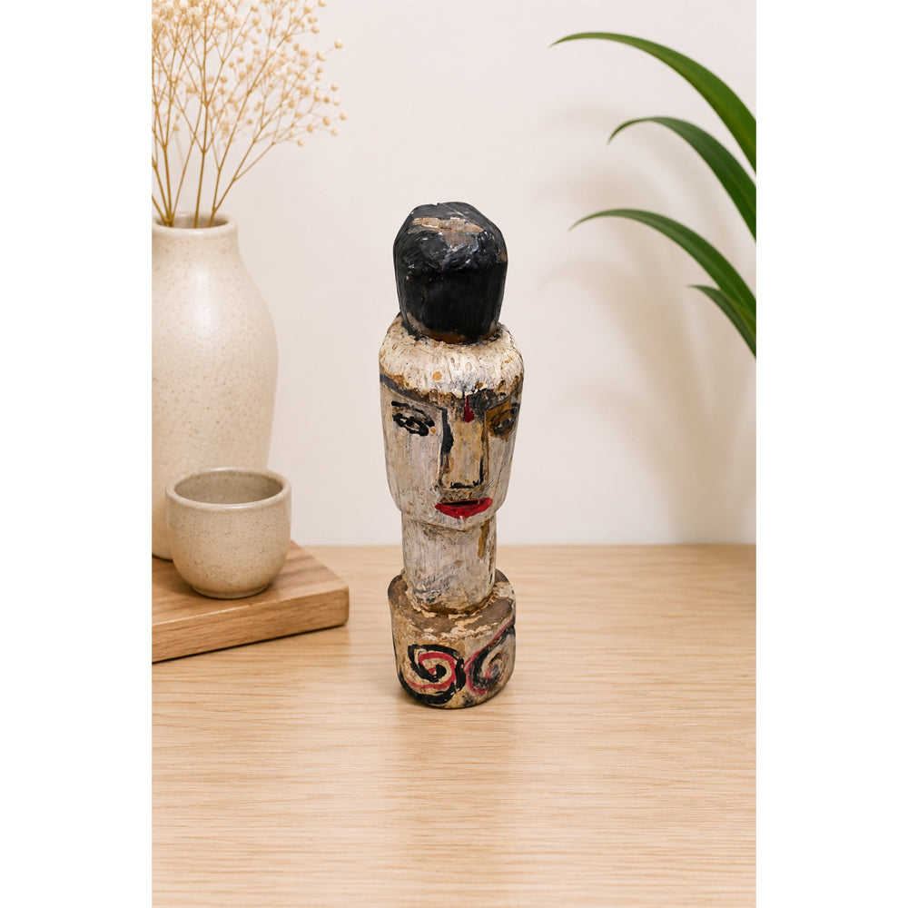 Hand-Carved Whitewashed Wooden Face Sculpture - 2026081234UNQ