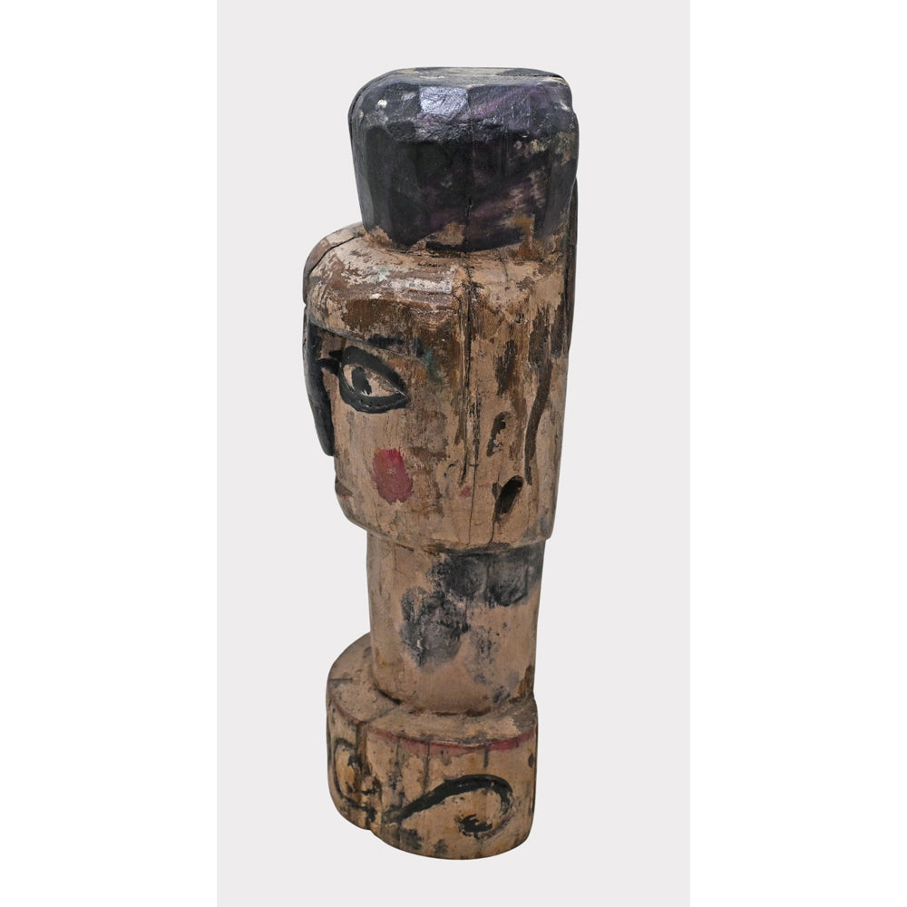 Distressed antique-finish handcrafted tribal wooden face sculpture, product view 3