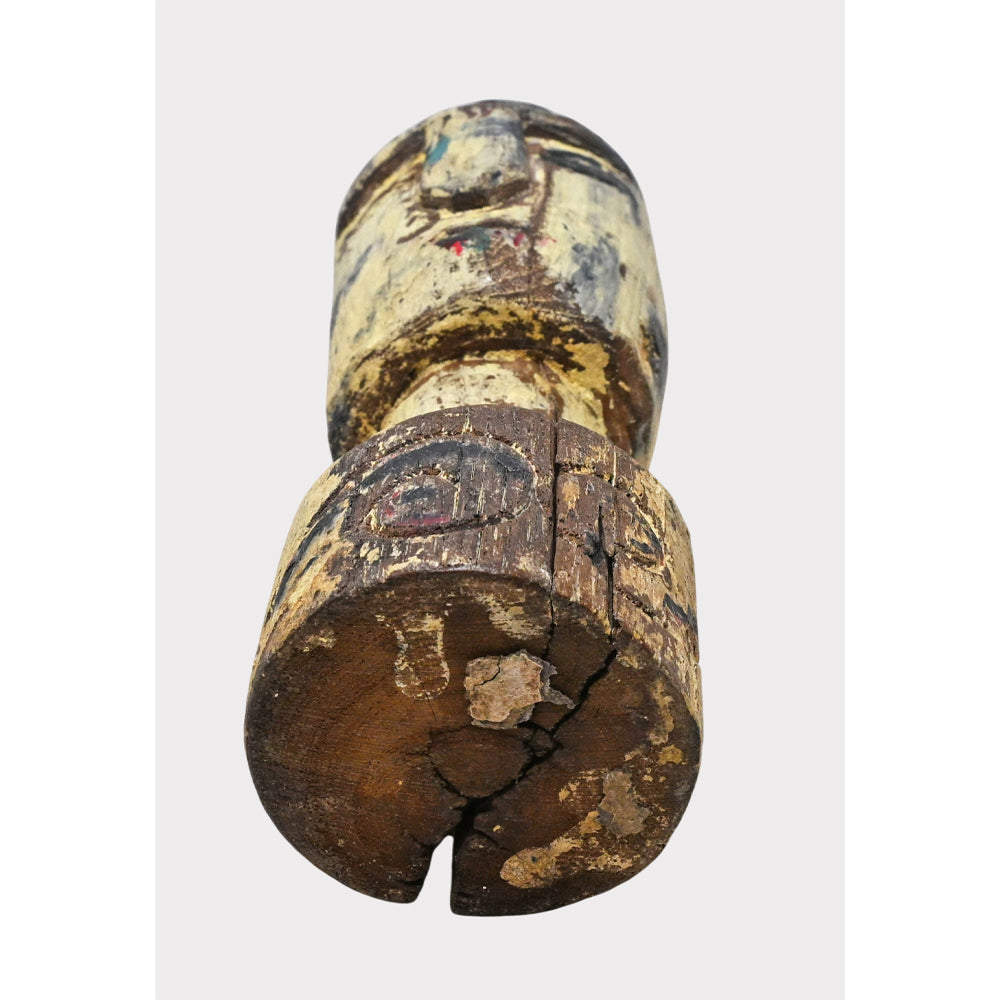 Vintage yellow distressed-finish tribal wooden statue with hand-carved facial details, product view 4