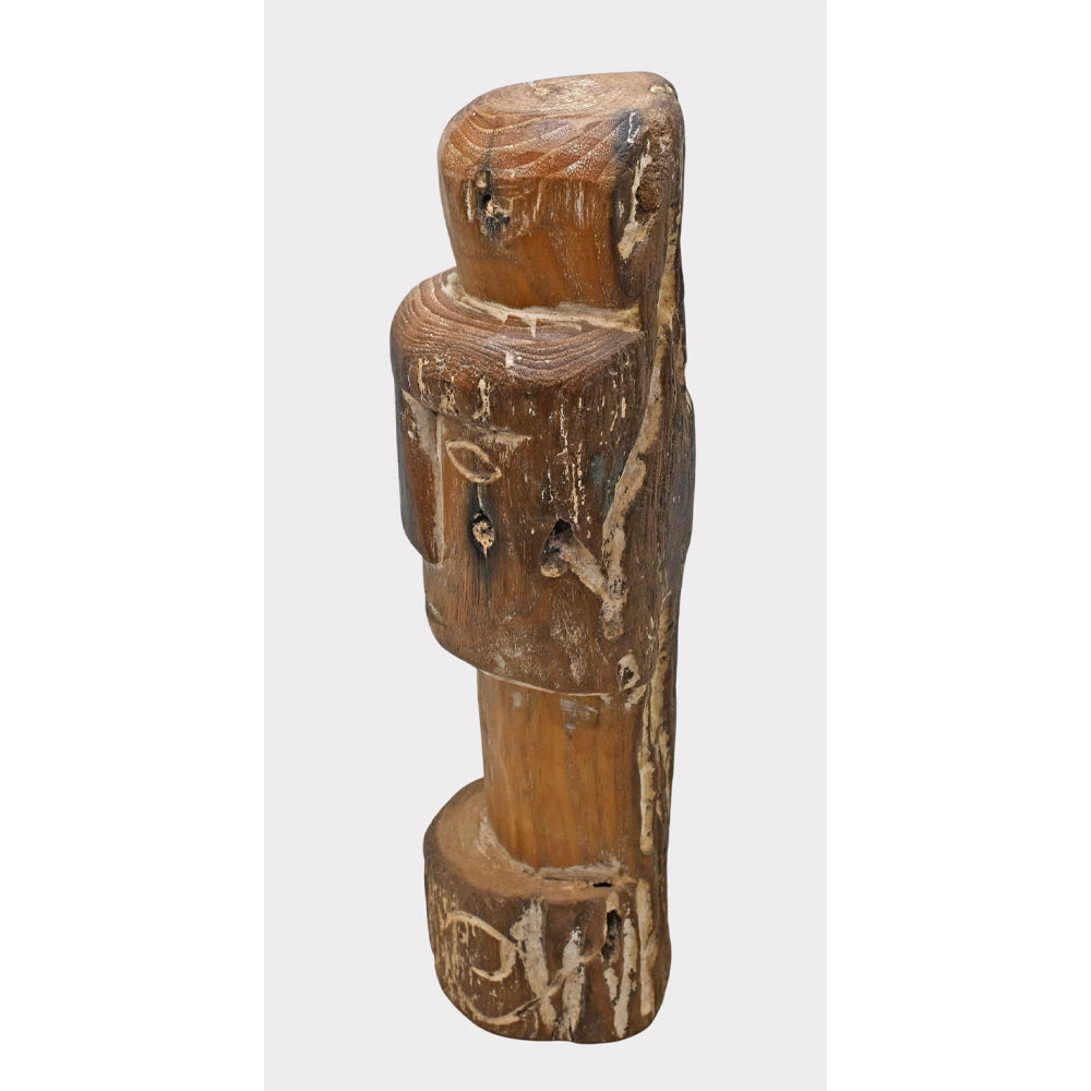 Natural brown handcrafted tribal wooden head sculpture with rustic carved facial details, product view 3