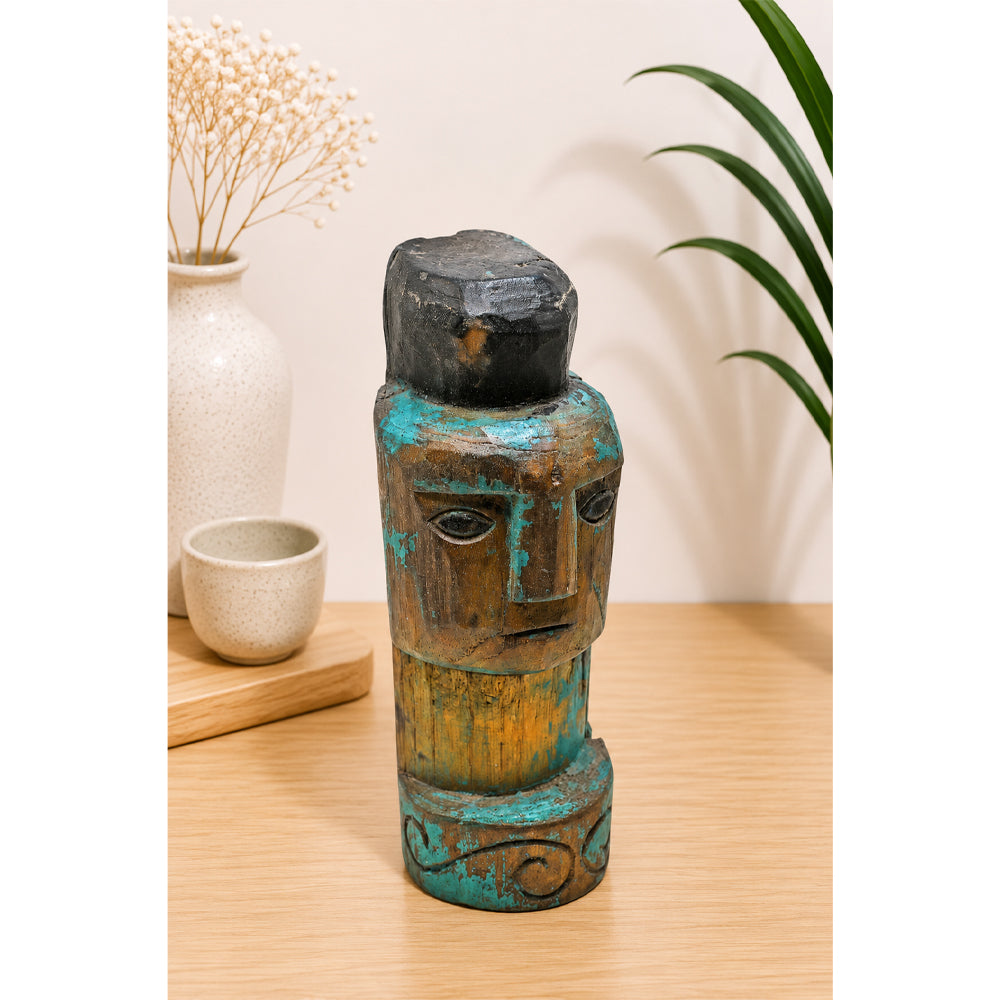 Vintage Handcrafted Turquoise & Walnut Wooden Face Sculpture - 2026081248UNQ