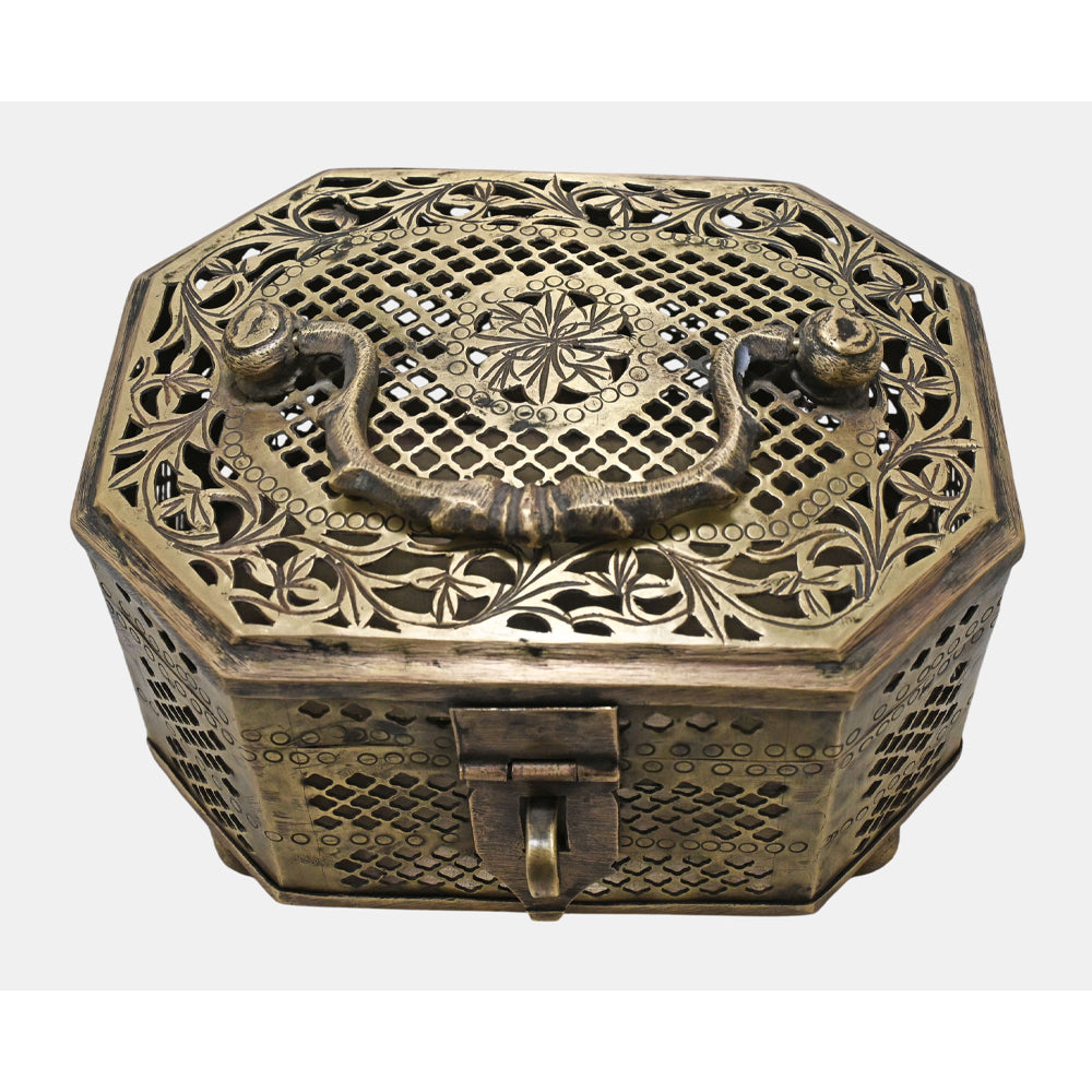 Metal jali decorative storage box, alternate angle