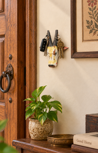 Painted wooden cow head wall key holder, front view