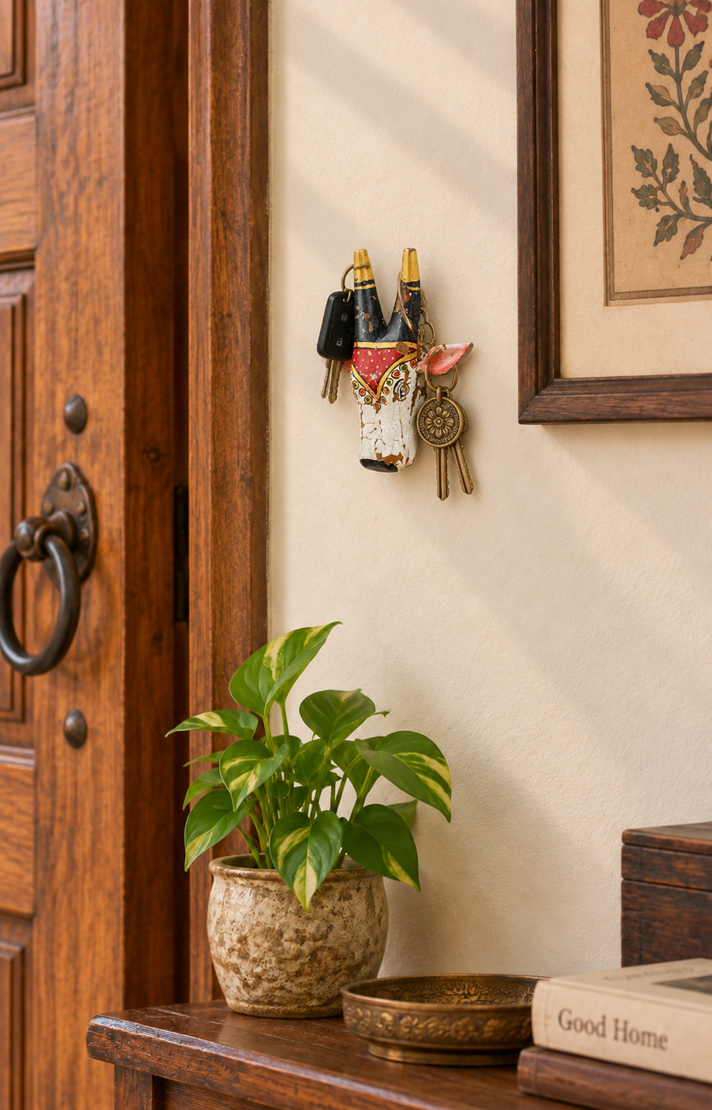 Red and white wooden cow head wall key holder, front view