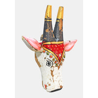 Handcrafted Wooden Tribal Cow Head Wall Hanging – White, Red  Rust Antique Finish - 2026081503WRR