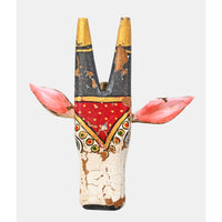 Handcrafted Wooden Tribal Cow Head Wall Hanging – White, Red  Rust Antique Finish - 2026081503WRR