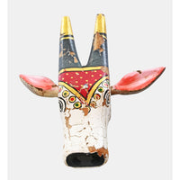 Handcrafted Wooden Tribal Cow Head Wall Hanging – White, Red  Rust Antique Finish - 2026081503WRR