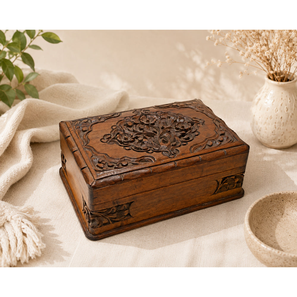 Handcrafted Wooden Carved Decorative Storage Box – Floral Antique Finish - 2026081504UNQ