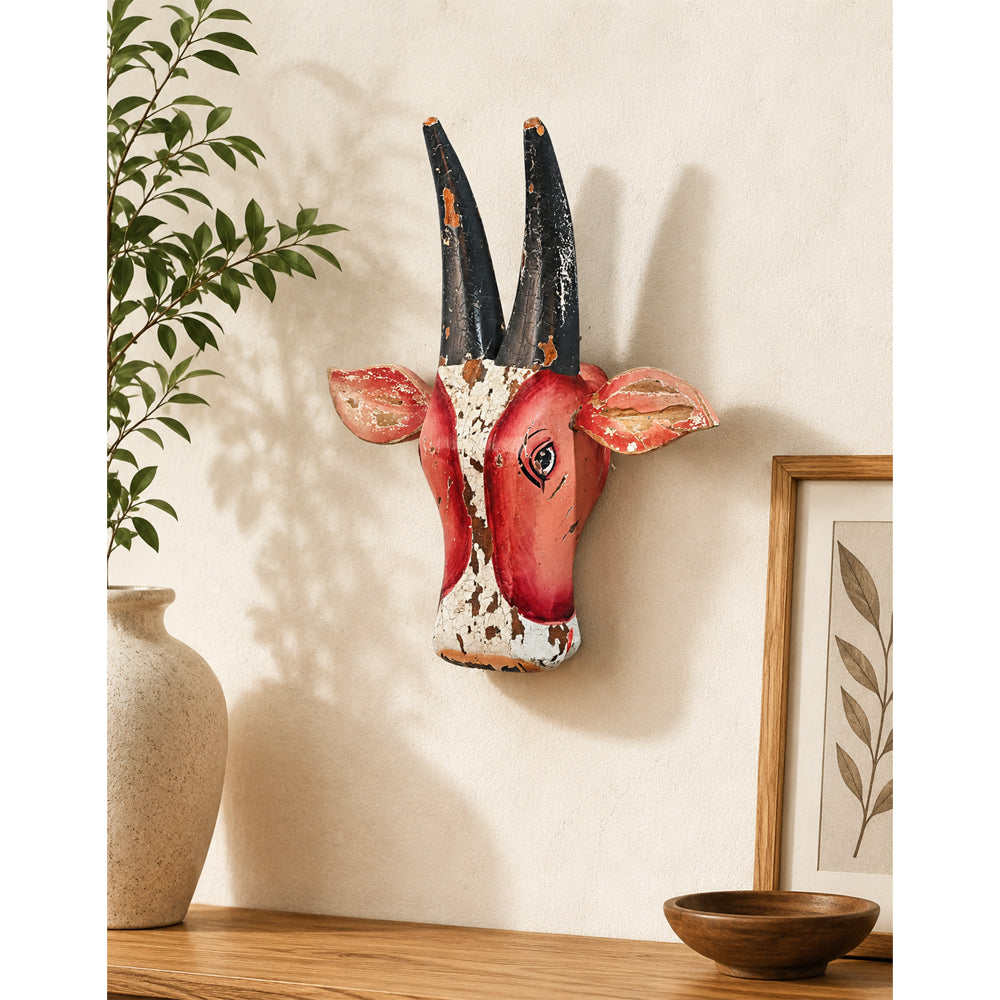 Handcrafted Wooden Tribal Cow Head Wall Hanging – White, Brown  Rust Antique Finish - 2026081504WBR