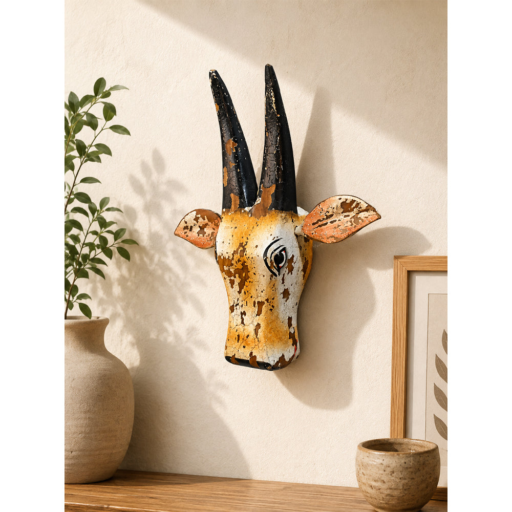 Handcrafted Wooden Tribal Cow Head Wall Hanging – White, Yellow  Rust Antique Finish - 2026081505WYR