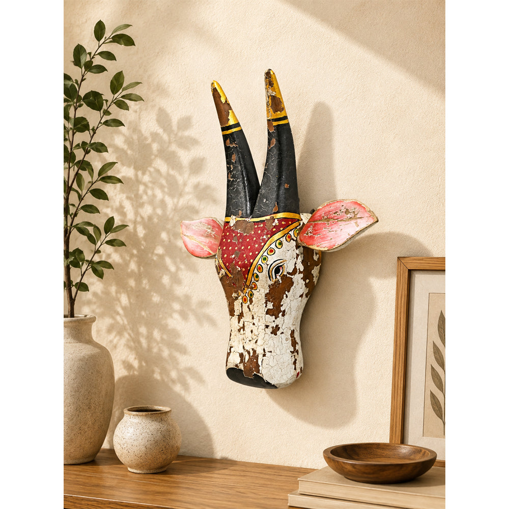 Handcrafted Wooden Tribal Cow Head Wall Hanging – White, Red  Rust Antique Finish - 2026081506WRR