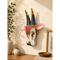 Handcrafted Wooden Tribal Cow Head Wall Hanging – White, Red  Rust Antique Finish - 2026081506WRR