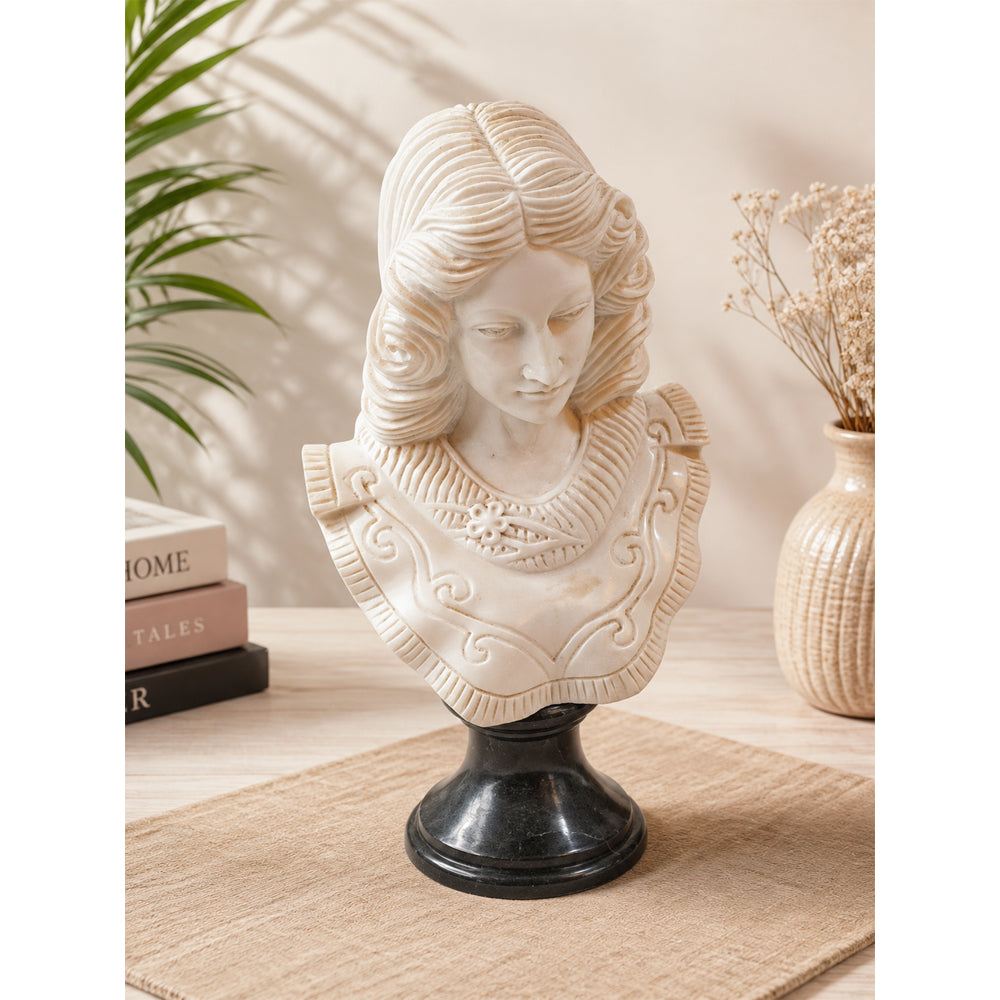 Handcrafted Marble Classical Lady Bust Sculpture with Black Pedestal - 2026081801UNQ