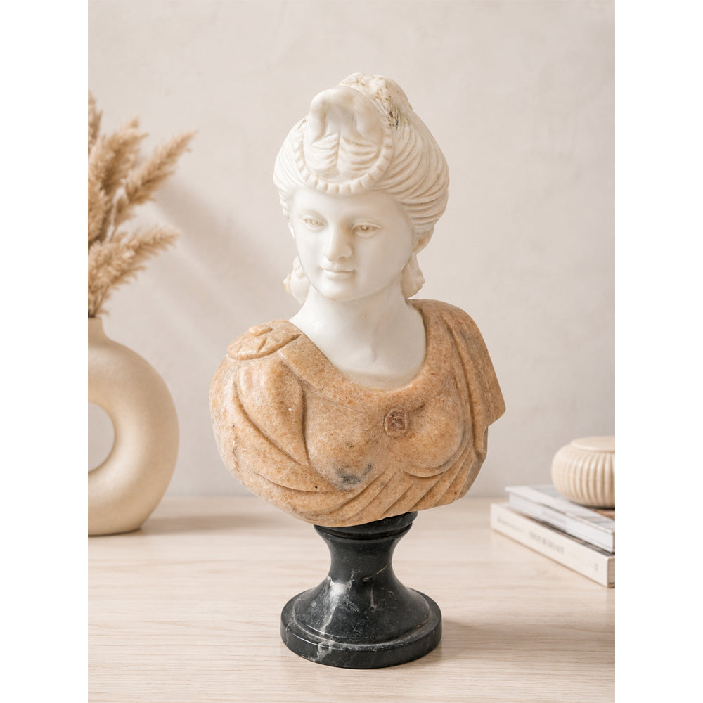 Handcrafted Marble Classical Lady Bust Sculpture with Black Pedestal - 2026081802UNQ