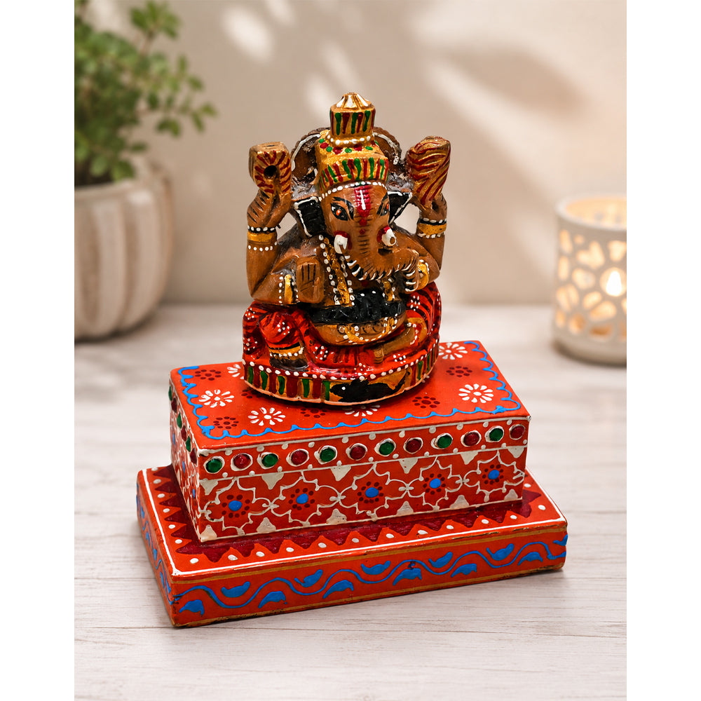 Handcrafted Hand-Painted Lord Ganesha Idol with Decorative Folk Art Base - 2026081805UNQ