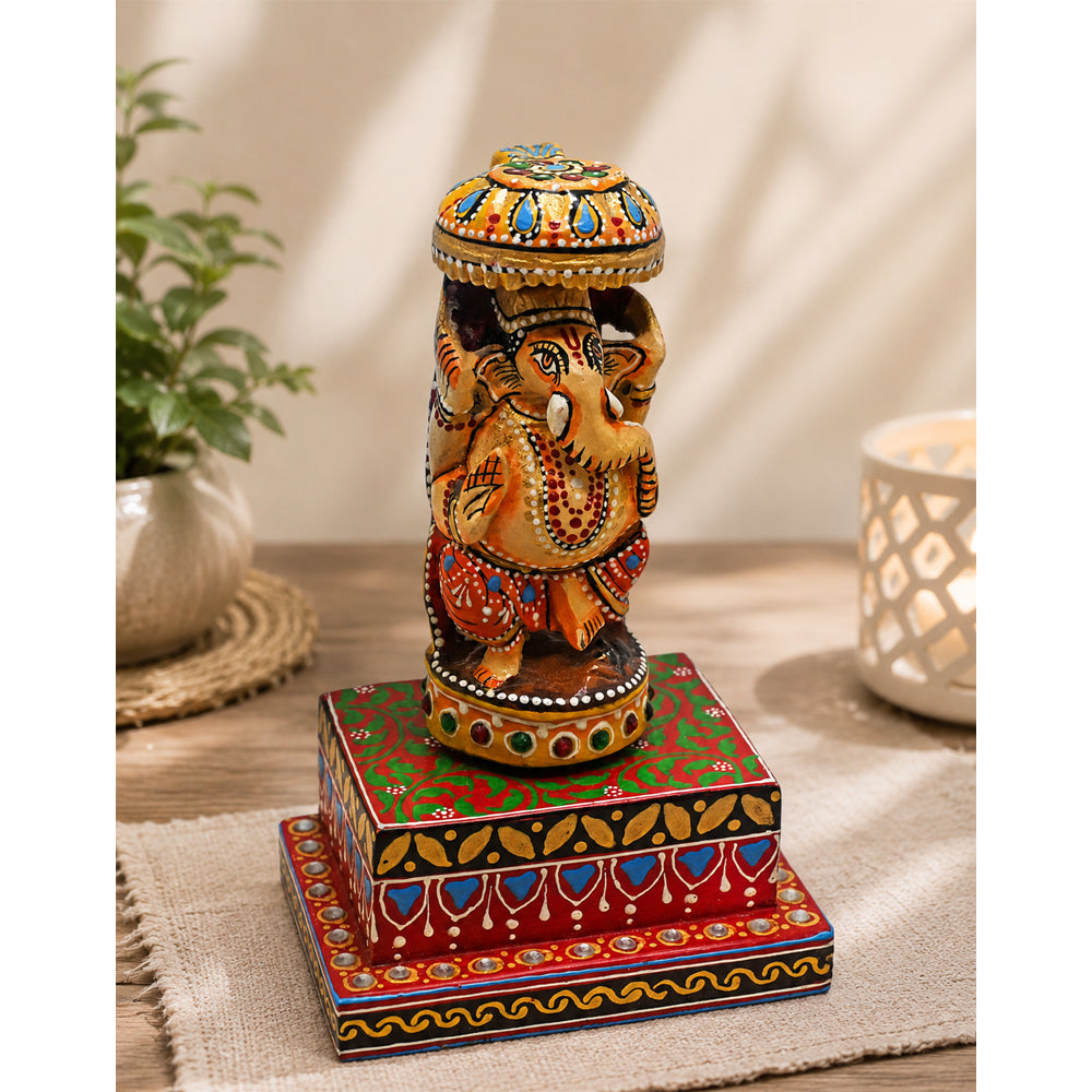 Handcrafted Wooden  Ganesha Statue with Umbrella & Decorative Base - 2026081806UNQ