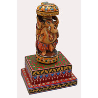 Handcrafted Wooden  Ganesha Statue with Umbrella & Decorative Base - 2026081806UNQ