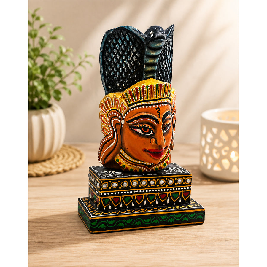 Hand-painted wooden Nag Devta idol with Sheshnag hood, front view
