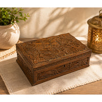 Hand-Carved Wooden Storage Box with Floral Carvings & Key Lock - 2026081810UNQ