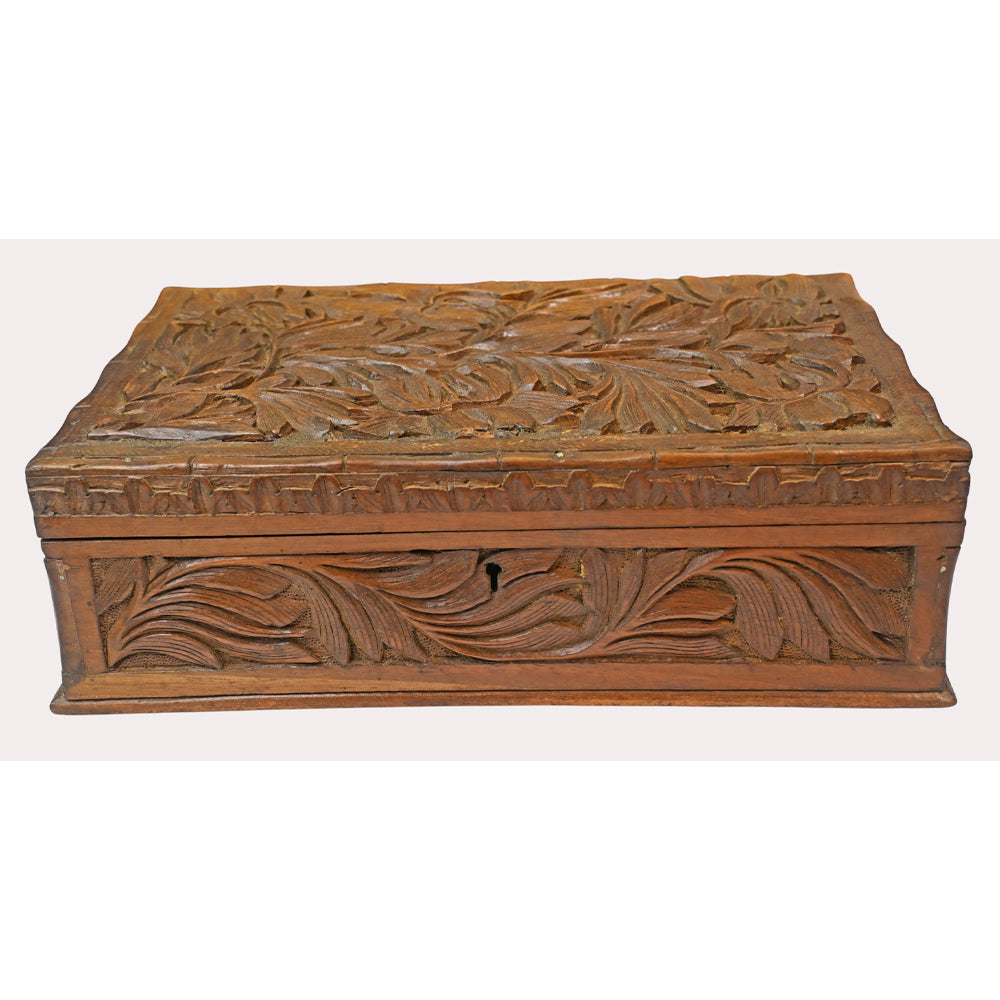 Floral carved wooden jewellery box with key lock, alternate view