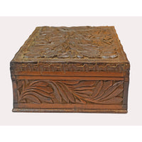Hand-Carved Wooden Storage Box with Floral Carvings & Key Lock - 2026081810UNQ