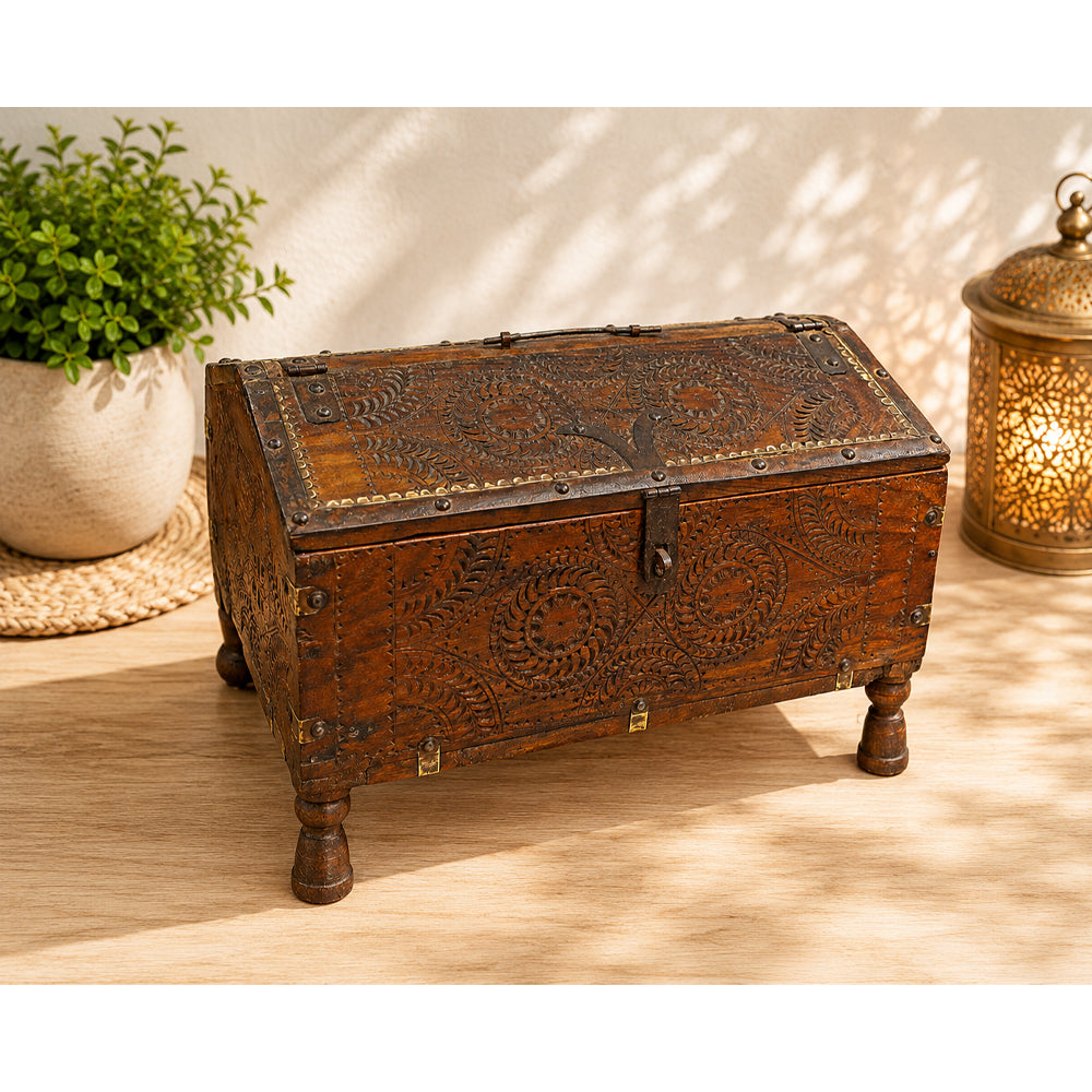 Handcrafted Vintage Wooden Treasure Chest Box with Brass Fittings & Curved Lid - 2026081811UNQ