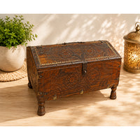 Handcrafted Vintage Wooden Treasure Chest Box with Brass Fittings & Curved Lid - 2026081811UNQ