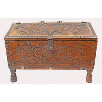 Handcrafted Vintage Wooden Treasure Chest Box with Brass Fittings & Curved Lid - 2026081811UNQ